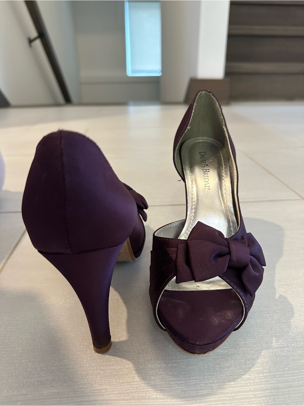 David's Bridal Purple Satin Peep-Toe Heels with Bow